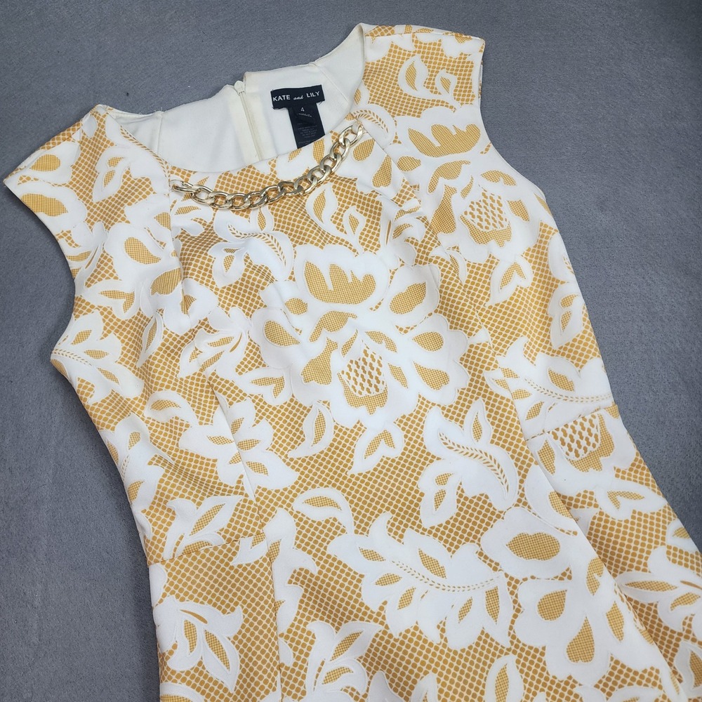 Kate and Lily Sheath Dress Yellow White Floral‎ Gold Chain Womens 4